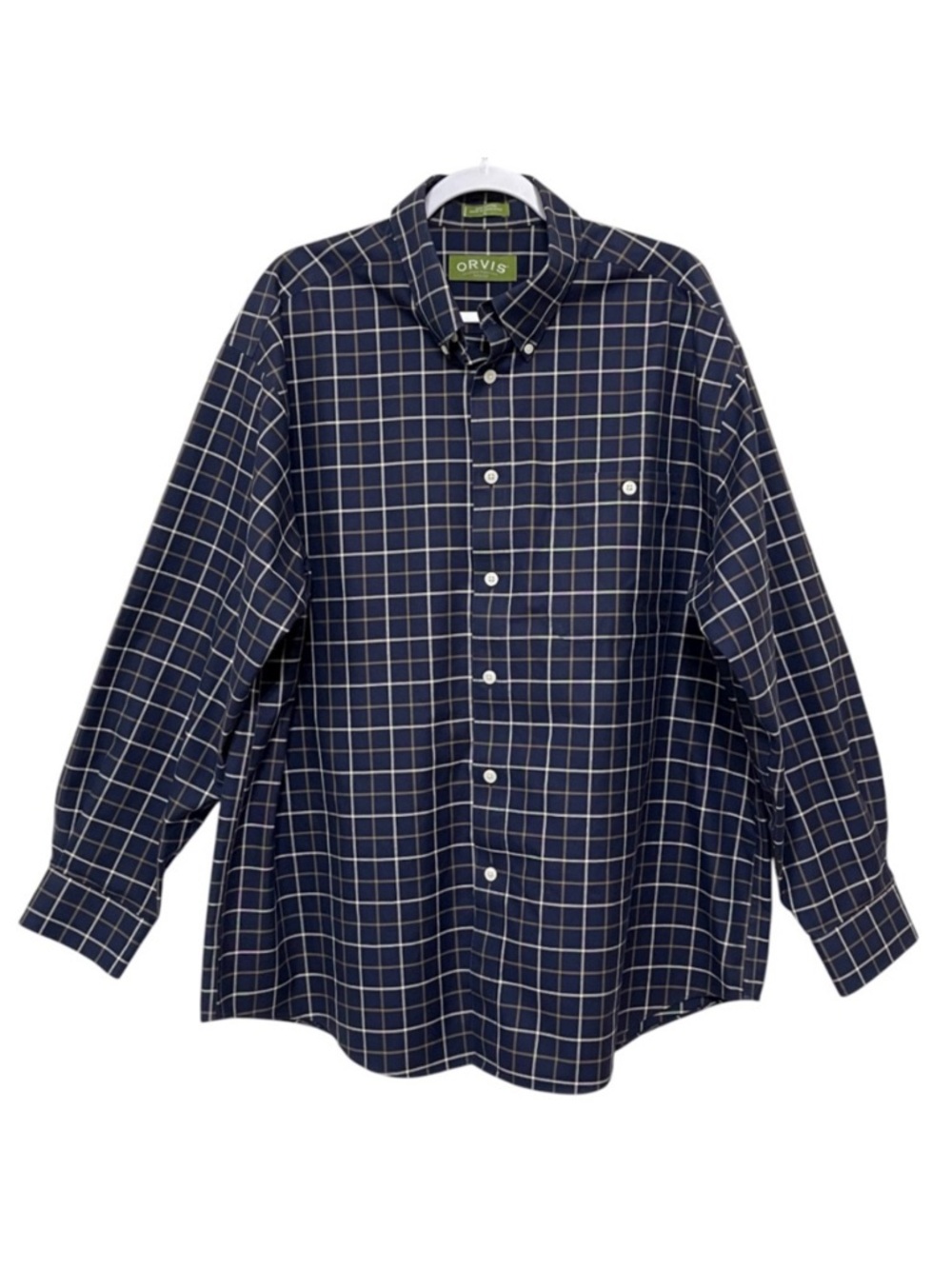 Vintage Orvis Plaid 100% Cotton Button Down Shirt Preppy Office Navy Blue Men XL